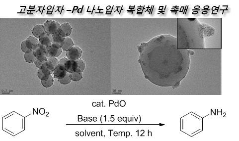 고분자입자 - Pd 나노입자 복합체 및 촉매 응용연구, cat. Pd0, NO₂ → Base (1.5 equiv)/solvent, Temp. 12 h → NH₂